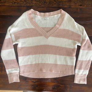 American Eagle oversized V-neck, pink and cream striped sweater in size XS.